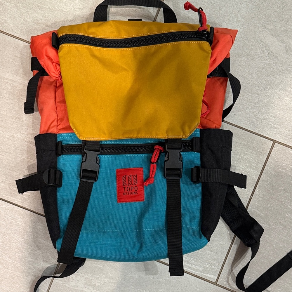 Topo Designs Yellow, Orange, and Blue Backpack